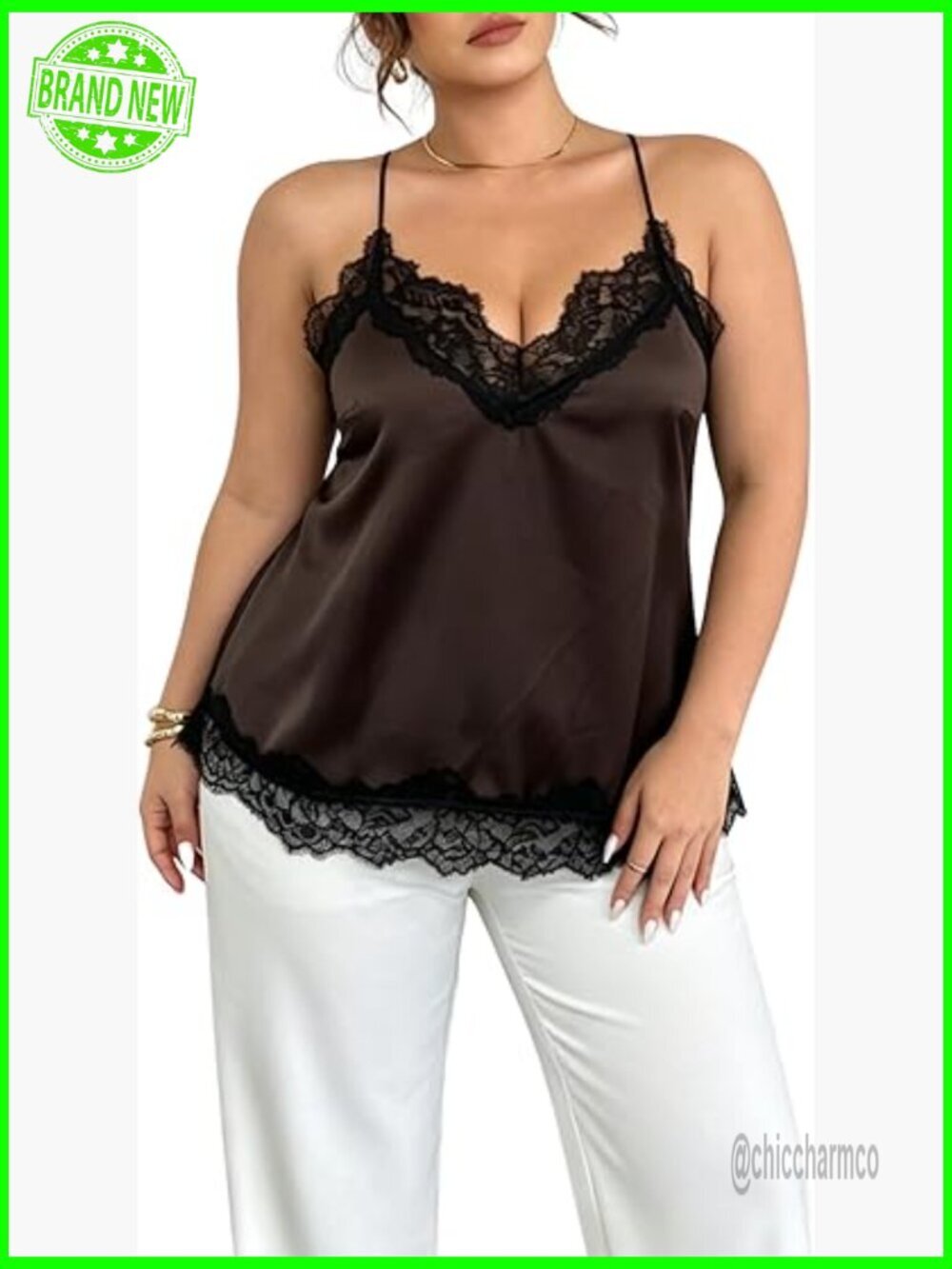 Plus Size Satin Lace Camisole Spaghetti Strap V Neck Going Out Top